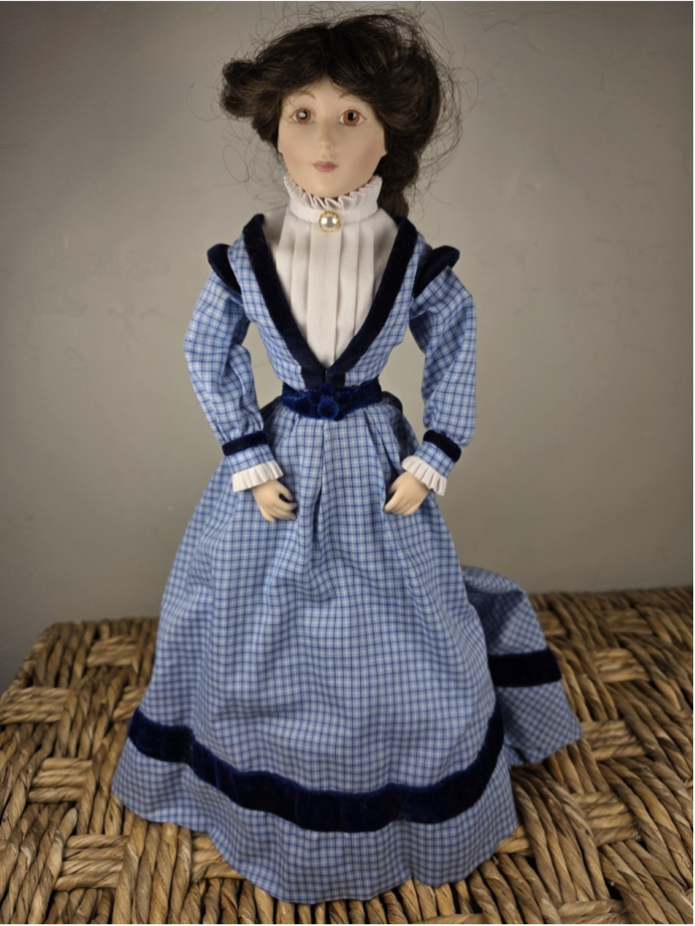 Heritage Signature Collection Porcelain Doll 18" Victorian Blue Plaid Dress VTG